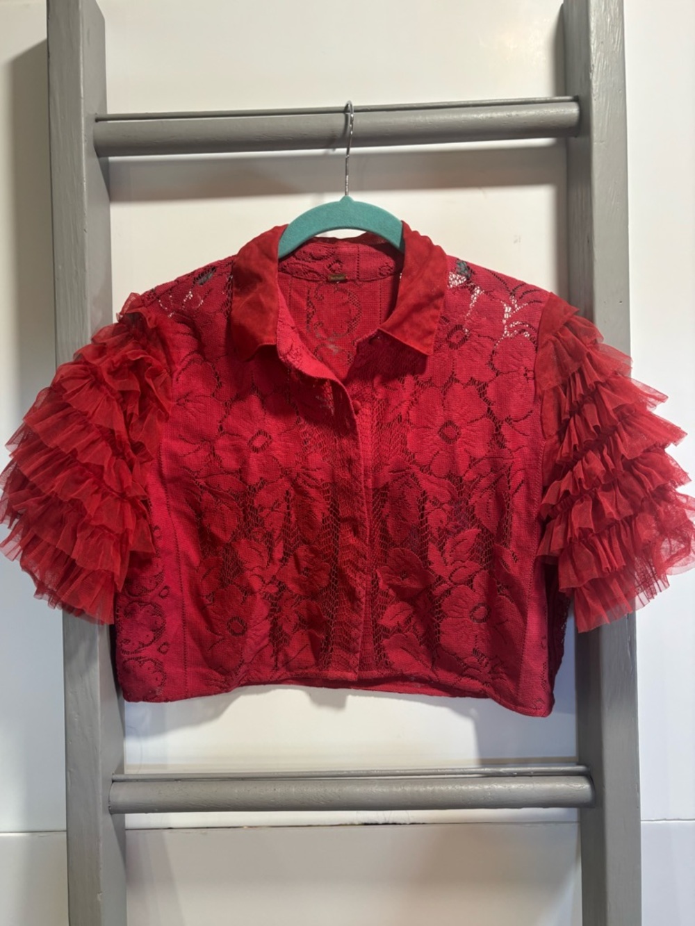 Free people no tag (M?) Red Lace Cropped Top, bohemian, fairy grunge, whimsigoth